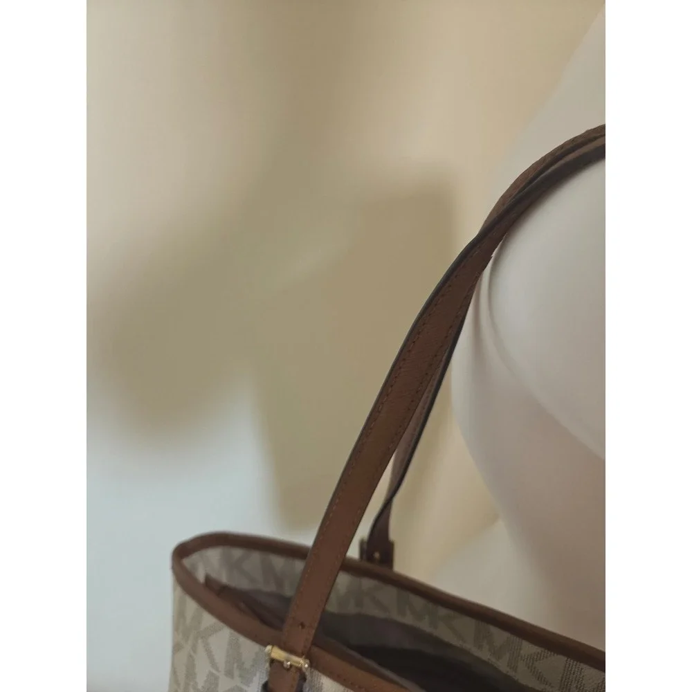 Michael Kors Voyager East West Tote Bag White MK Monogram Brown Trim